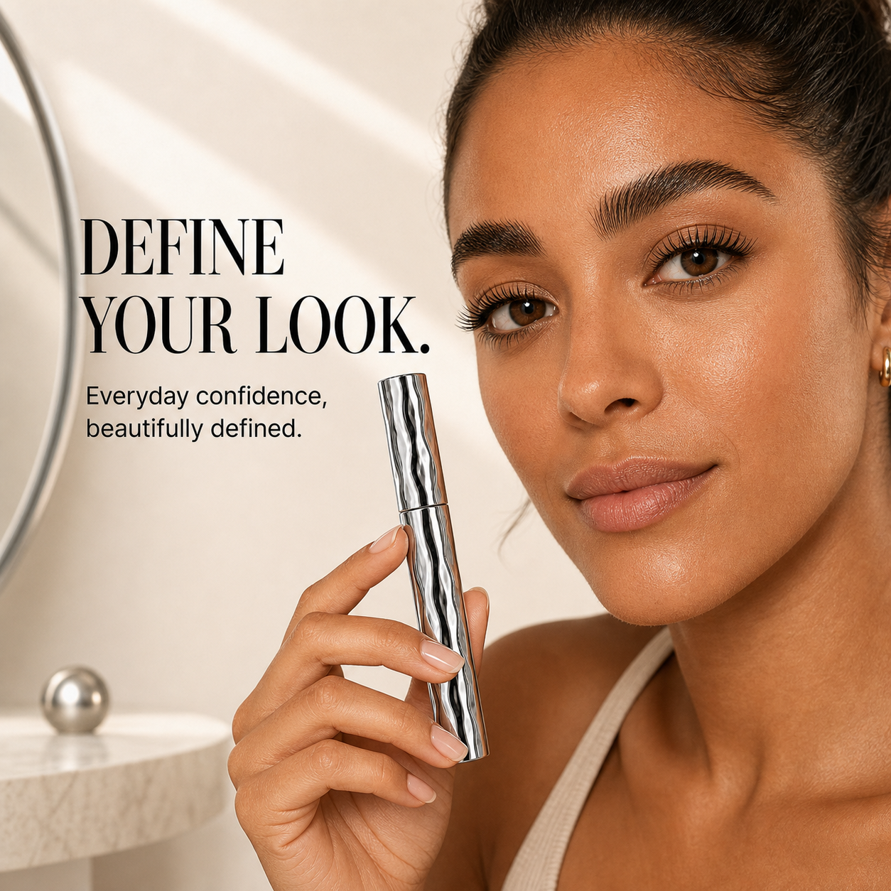 Model holding the silver mascara